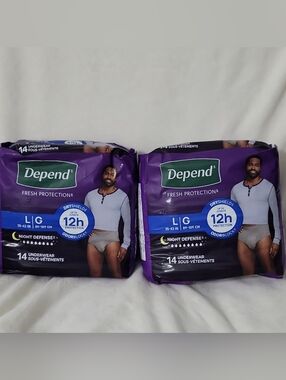 Depend Fresh Protection Night Defense Underwear Men L/G Gray 14 CT (2 pack)
